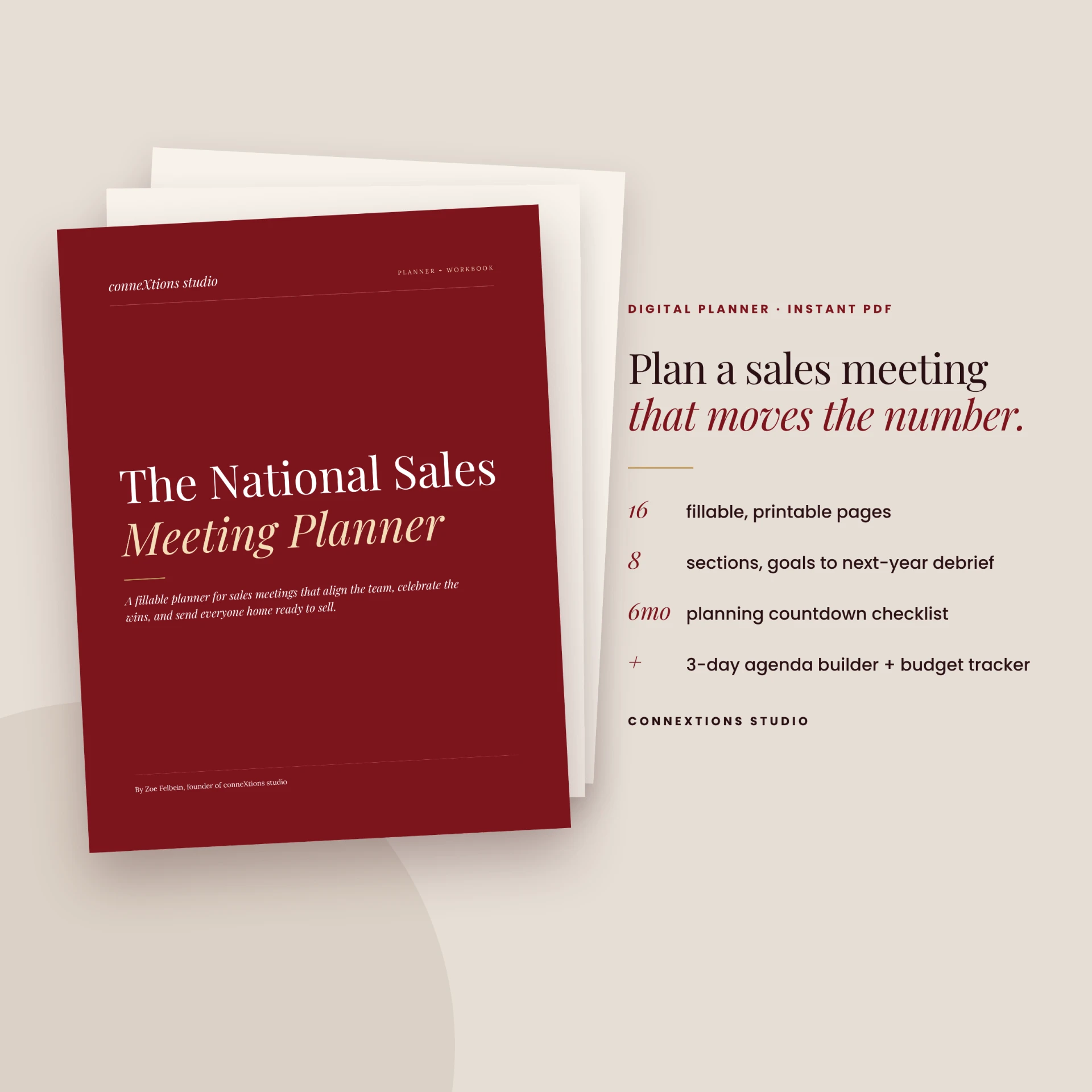 The National Sales Meeting Planner cover with its contents — 16 fillable pages, 8 sections, a 6-month countdown checklist, and a 3-day agenda builder — listed beside it