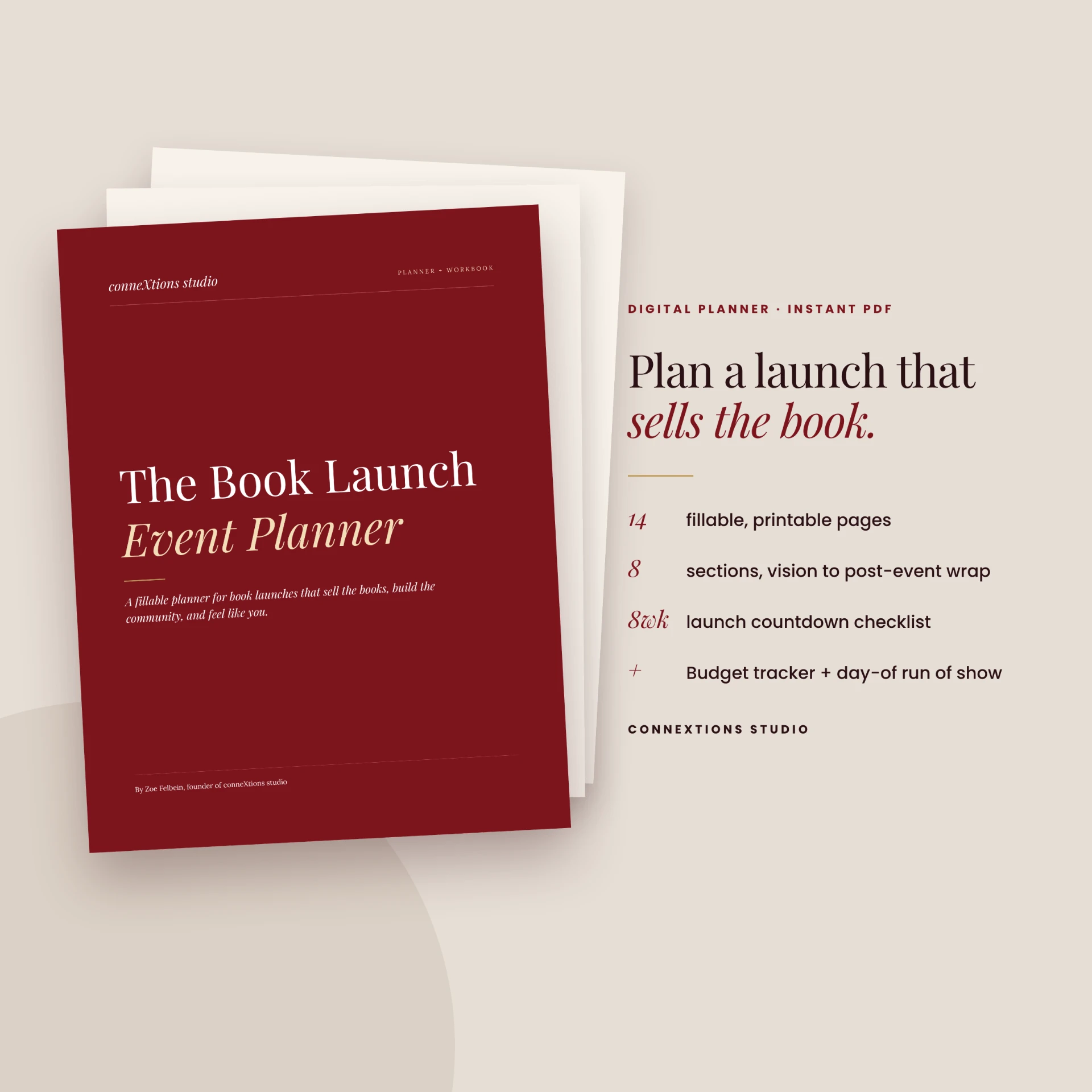 The Book Launch Event Planner cover with its contents — 14 fillable pages, 8 sections, and an 8-week countdown checklist — listed beside it
