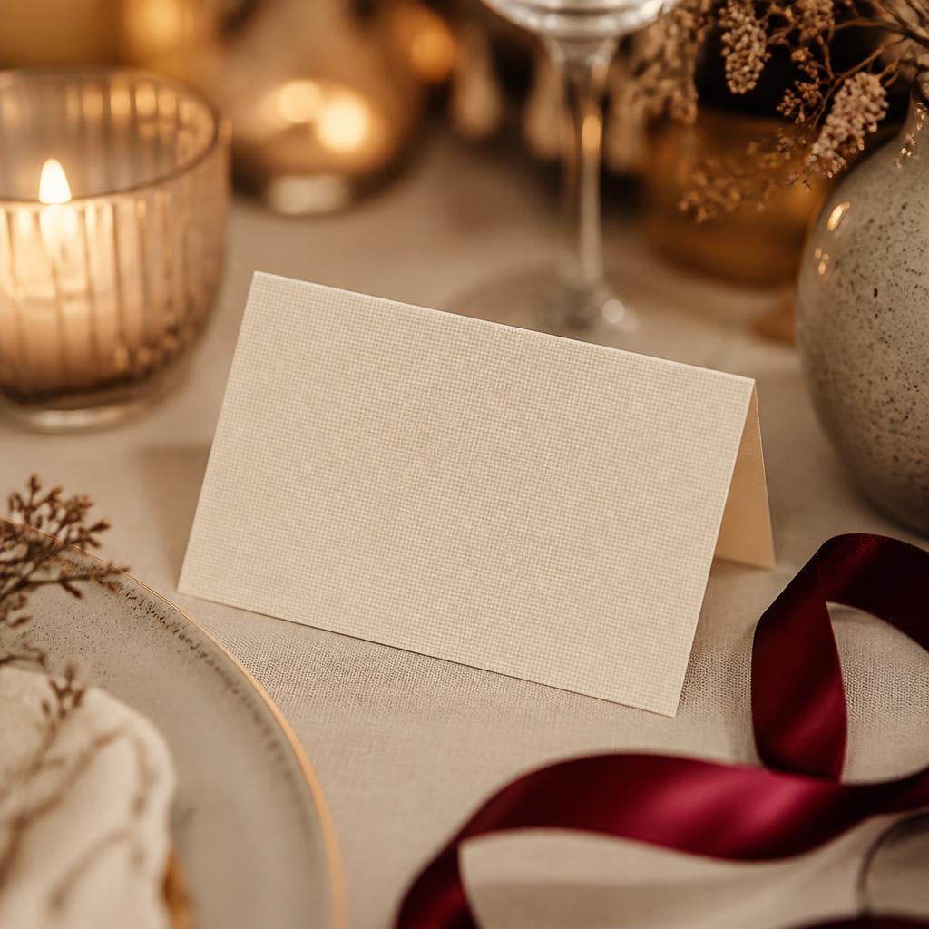 Close-up of a cream linen place card beside a crimson silk ribbon on an intimate candlelit table